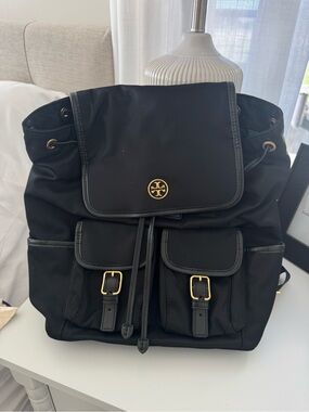 Tory Burch Black Nylon Drawstring Backpack with Gold Logo